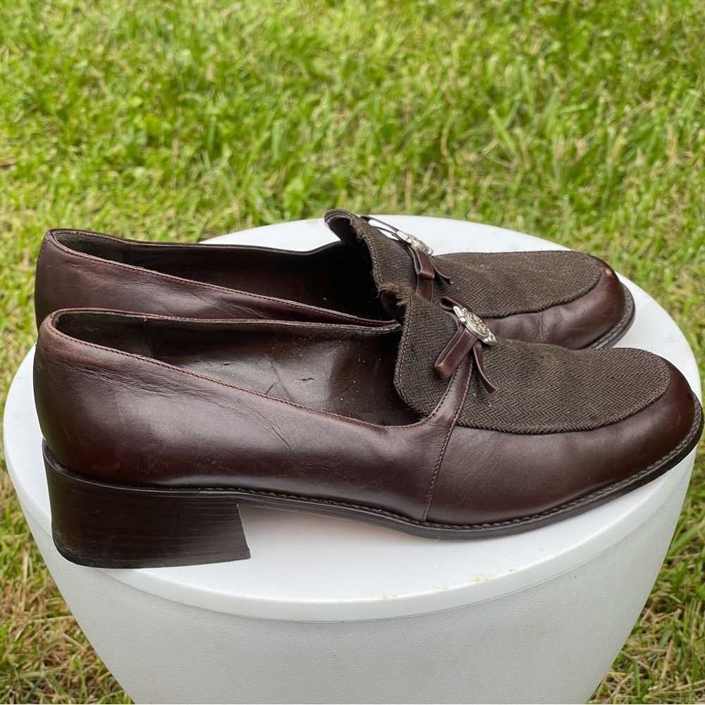 Brighton Dash Shoes Womens 8.5 Brown Leather Slip On 1.5” Block Heel Italy